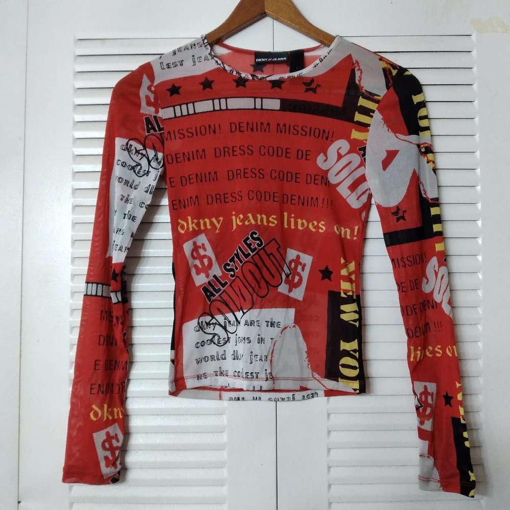 DKNY Jeans Sheer Graphic LS Top Red Small